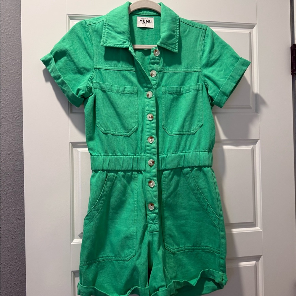 Show Me Your MuMu Green Short Sleeve Denim Romper